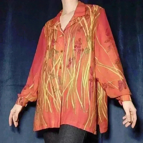 Vintage 90s  orange autumn leaves flowy button-up shirt - Picture 6 of 16